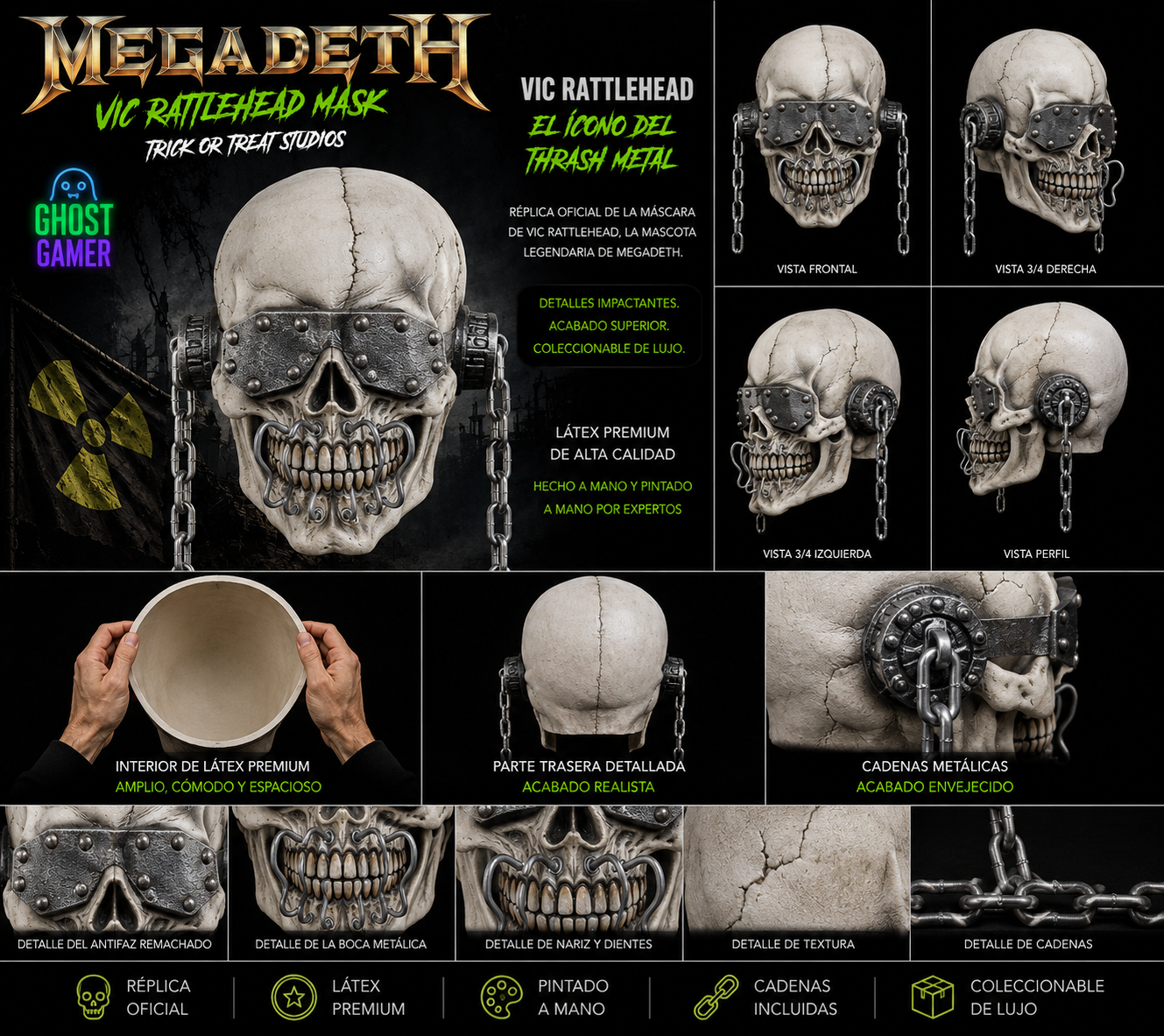 Megadeth Vic Rattlehead Mask – Vistas frontal, lateral, trasera, interior de látex y detalles de cadenas metálicas – Réplica oficial Trick or Treat Studios
