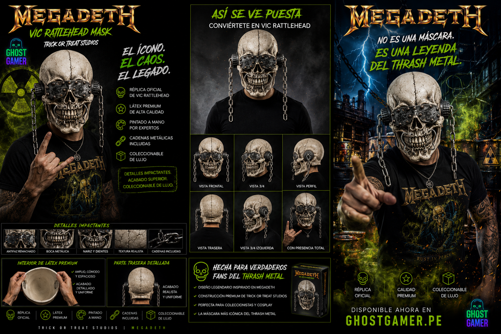 Megadeth Vic Rattlehead Mask – Así se ve puesta, vistas completas y detalles – Coleccionable de lujo Trick or Treat Studios