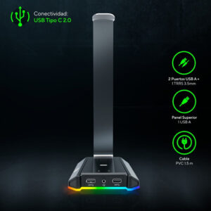 Soporte para Audífonos Atlas VSG – Aluminio con RGB y Puertos USB