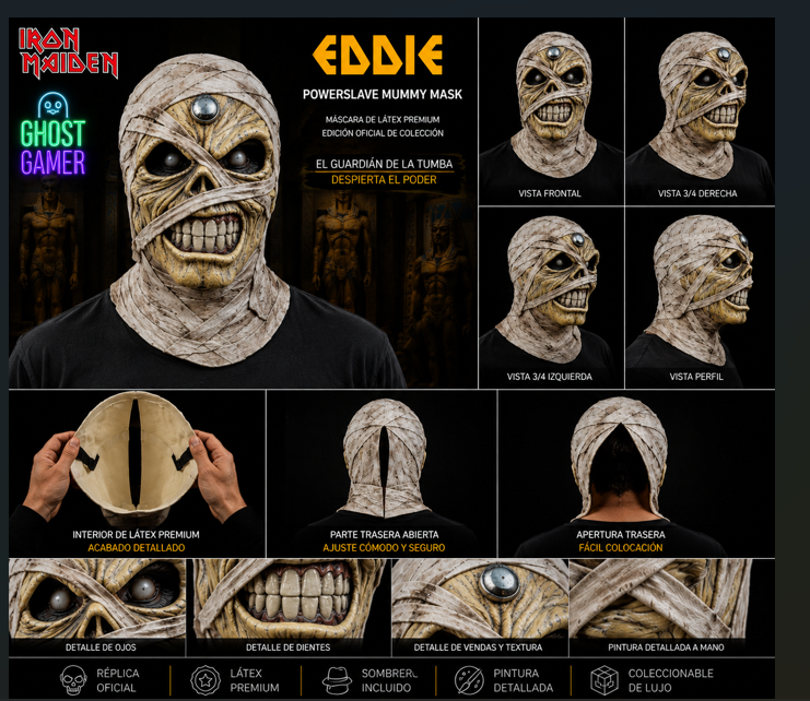 Iron Maiden Eddie Powerslave Mummy Mask – Vistas frontal, 3/4 derecha, 3/4 izquierda, perfil, interior de látex premium, parte trasera y detalles de ojos, dientes, vendas y pintura a mano – Réplica oficial coleccionable