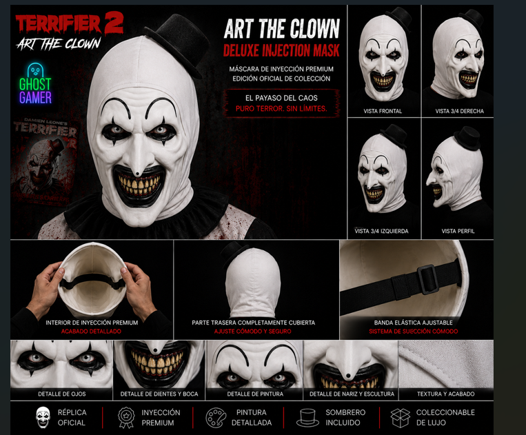 Terrifier 2 Art the Clown Deluxe Injection Mask – Vistas frontal, 3/4, perfil, interior de inyección premium, parte trasera, banda elástica y detalles de ojos, dientes, pintura y textura – Réplica oficial Trick or Treat Studios