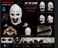 Terrifier 2 Art the Clown Deluxe Injection Mask – Vistas frontal, 3/4, perfil, interior de inyección premium, parte trasera, banda elástica y detalles de ojos, dientes, pintura y textura – Réplica oficial Trick or Treat Studios
