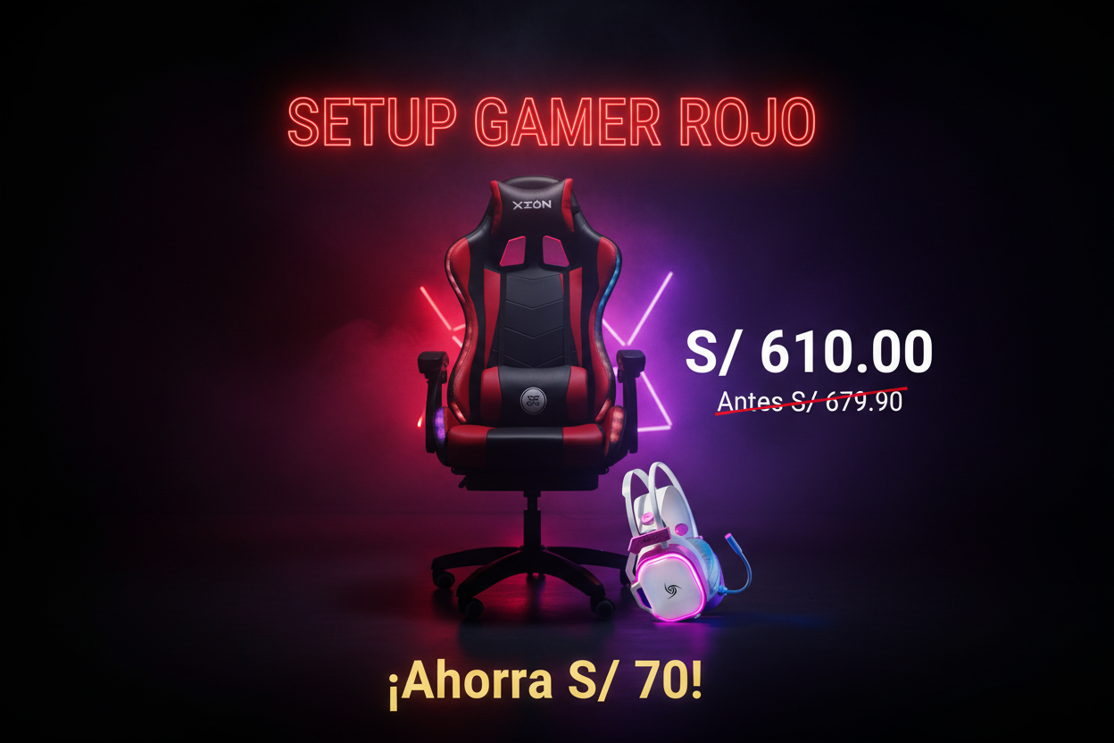Setup Gamer Rojo - Silla XION + Audífono Gemini White
